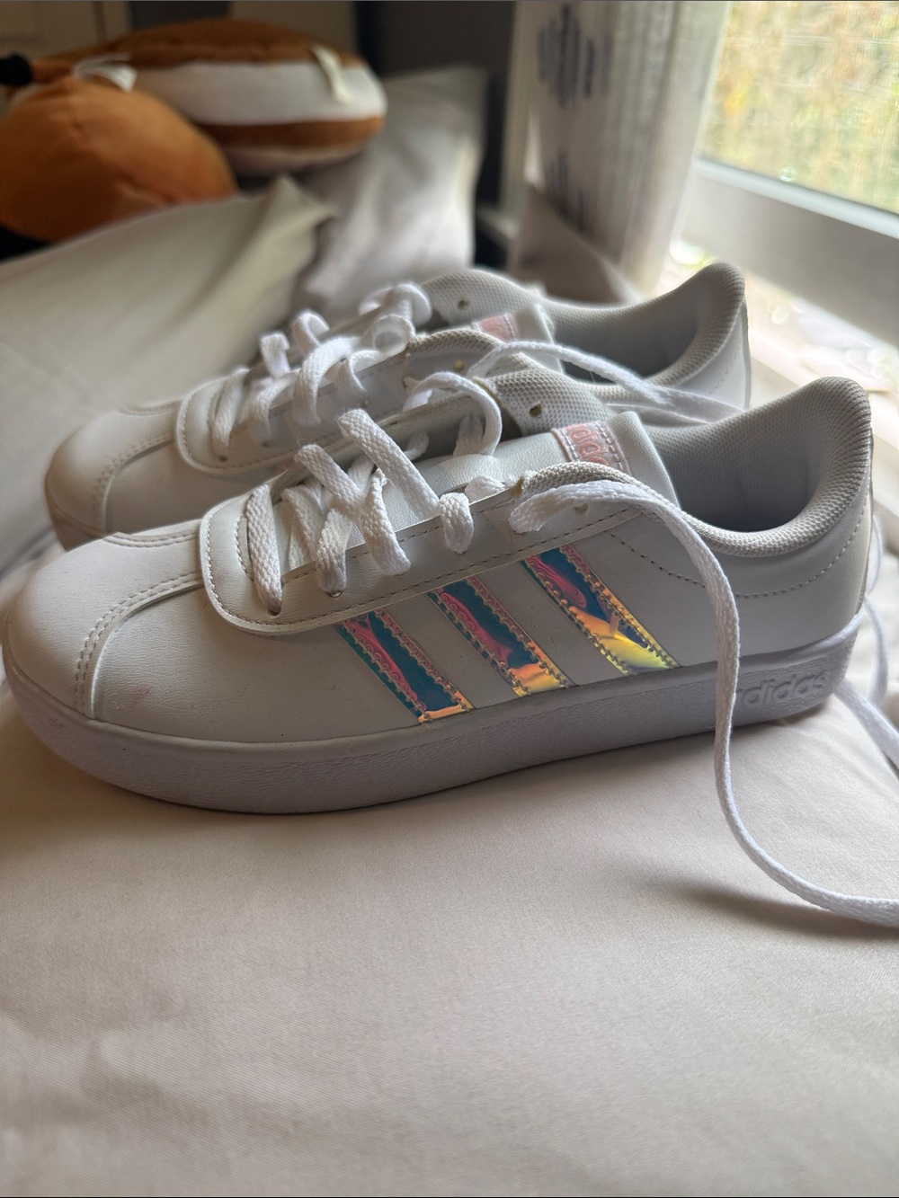 adidas Kids White Sneakers with Iridescent Stripe Accents